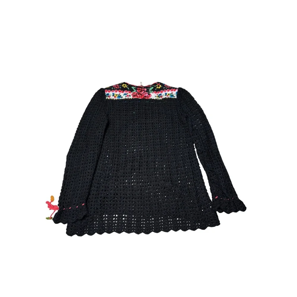 Free People Crochet Knit Floral Quilted Tunic Top Black Women XS Wool Blend Boho